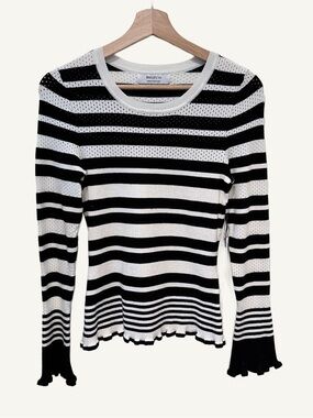 NWT Bailey 44 Julian Sweater Top Black White Stripe Flutter Hem M